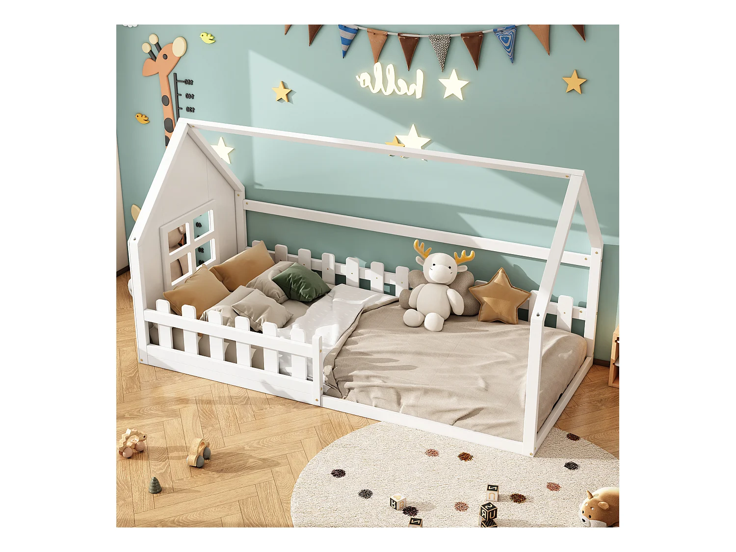 Lit cabane 140x200 cm - Lit enfant avec barrières de sécurité et sommier à lattes - pin et MDF - blanc