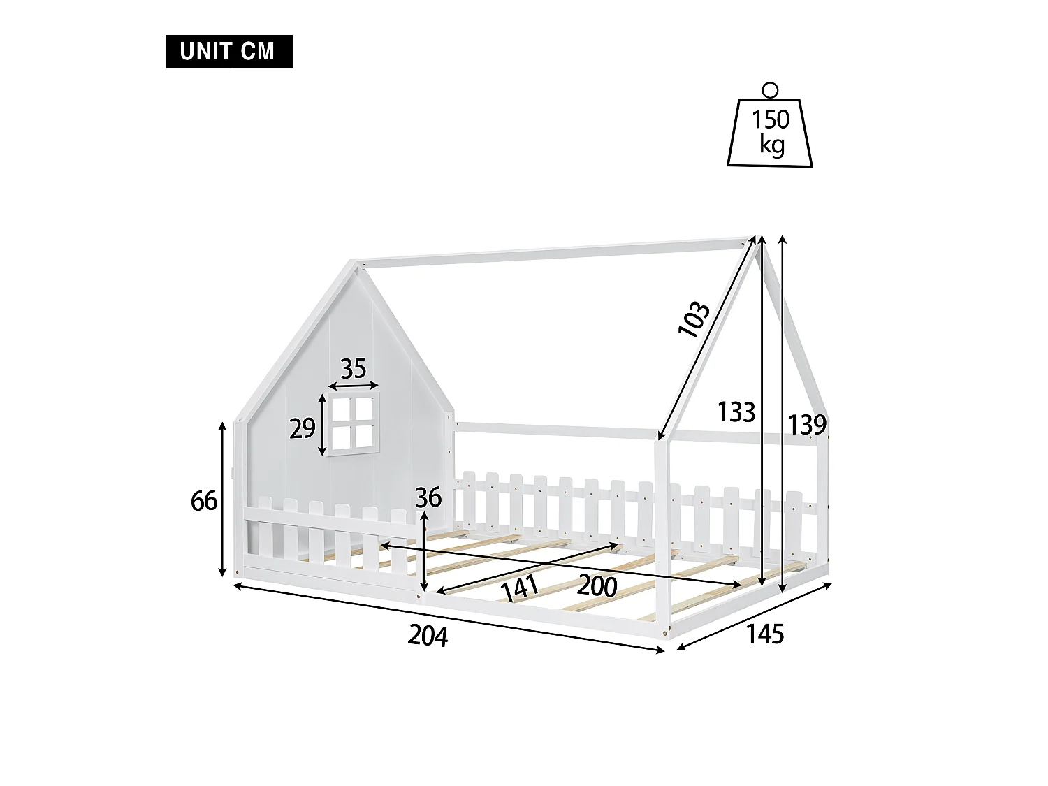 Lit cabane 140x200 cm - Lit enfant avec barrières de sécurité et sommier à lattes - pin et MDF - blanc