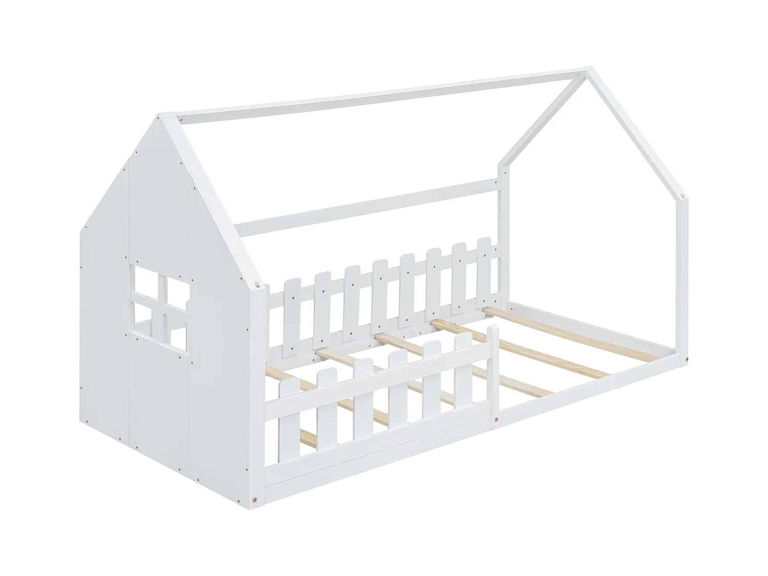 Lit cabane 140x200 cm - Lit enfant avec barrières de sécurité et sommier à lattes - pin et MDF - blanc
