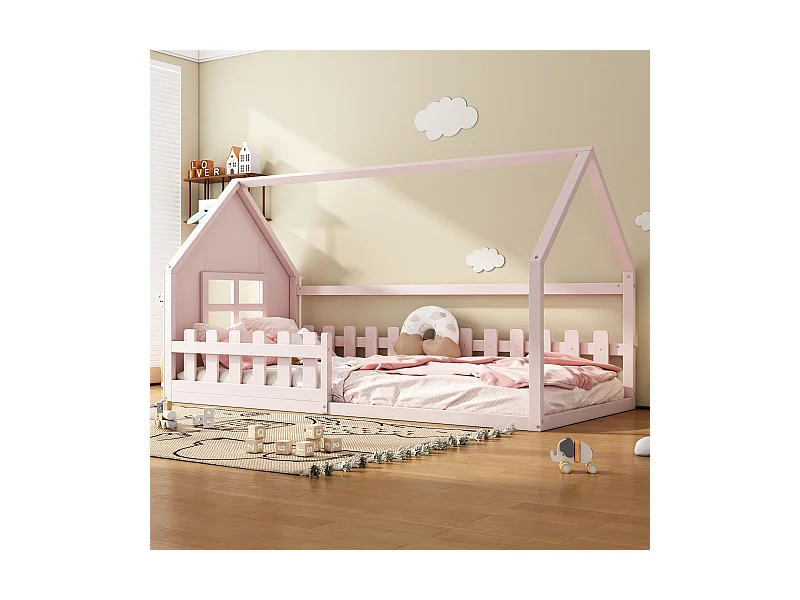 Cama cabina 140x200 cm - Cama infantil con barandillas de seguridad y somier - pino y MDF - rosa