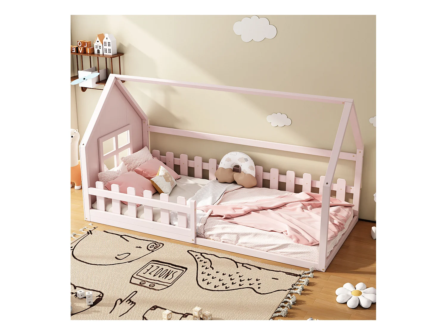 Lit cabane 140x200 cm - Lit enfant avec barrières de sécurité et sommier à lattes - pin et MDF - rose