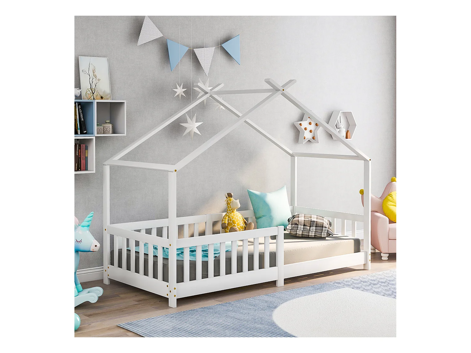 Cama infantil 90x200 cm - Cama cabina con barandillas y somier de láminas de madera - blanca - sin colchón