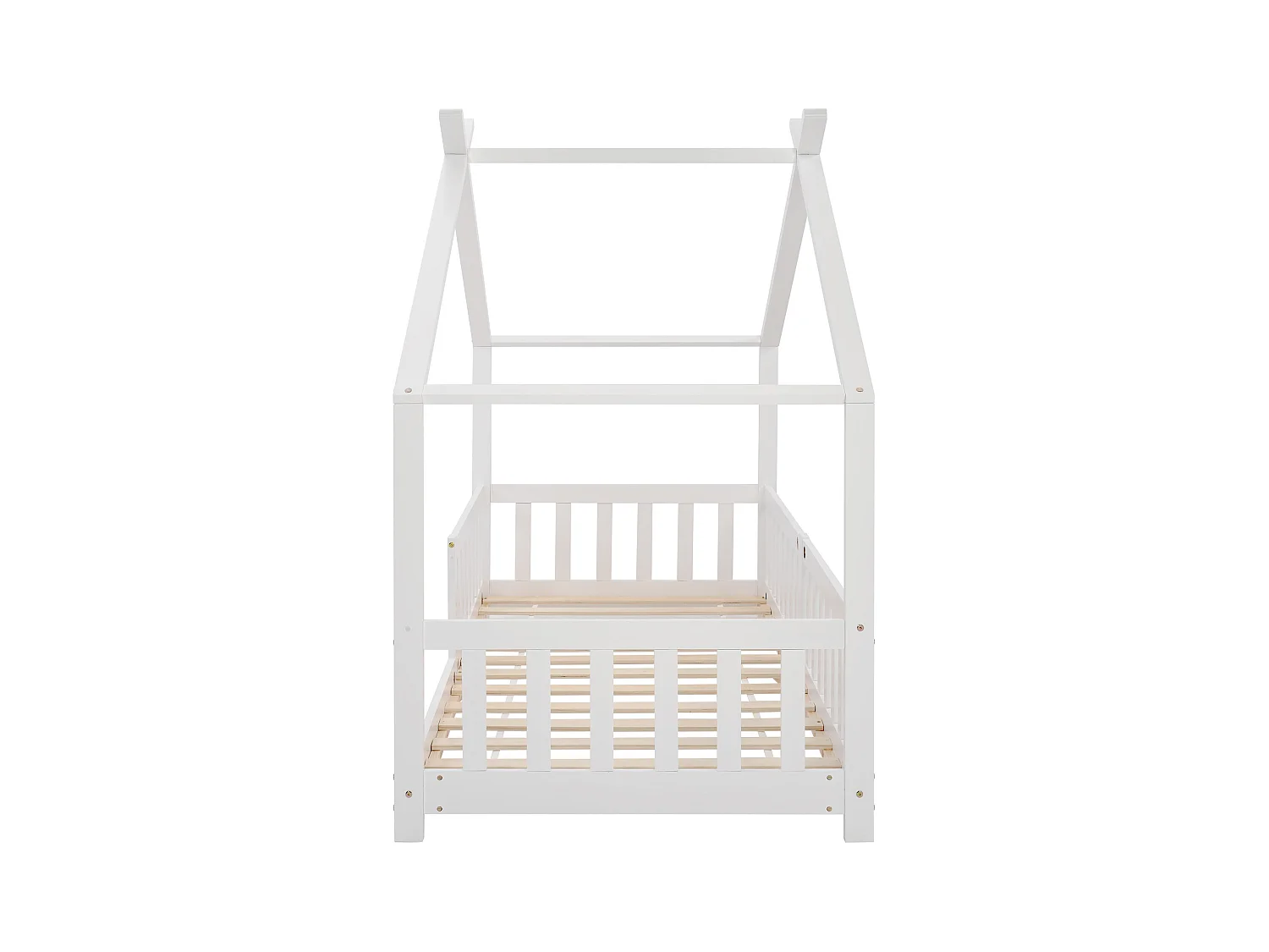 Cama infantil 90x200 cm - Cama cabina con barandillas y somier de láminas de madera - blanca - sin colchón