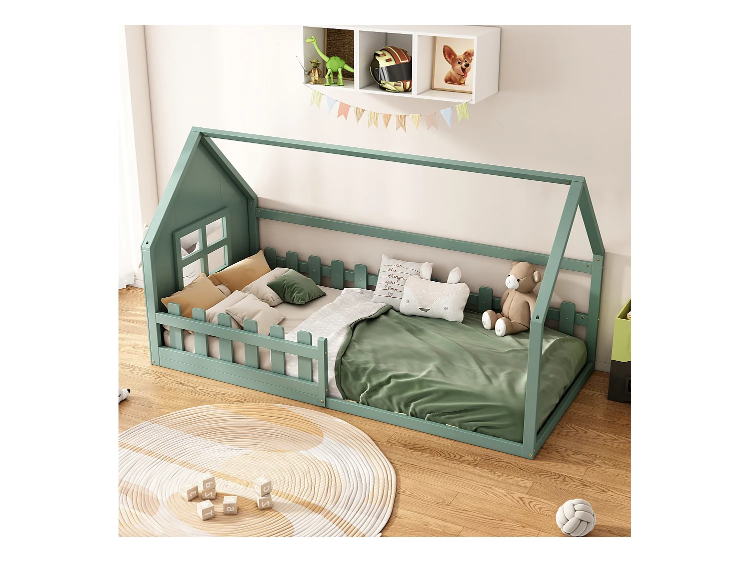 Cama cabina 90x200 cm - Cama infantil con barandillas de seguridad y somier - pino y MDF - verde