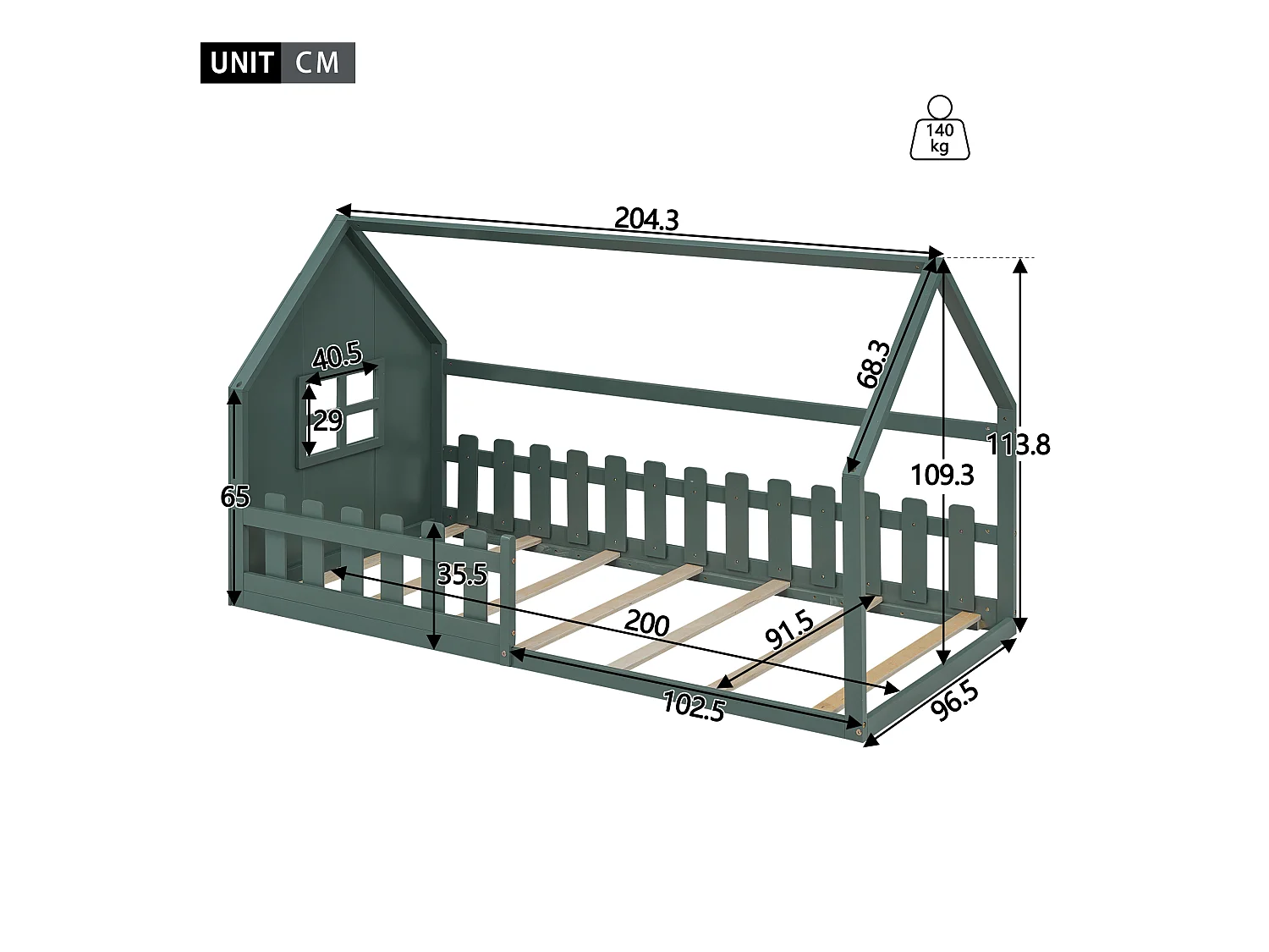 Cama cabina 90x200 cm - Cama infantil con barandillas de seguridad y somier - pino y MDF - verde