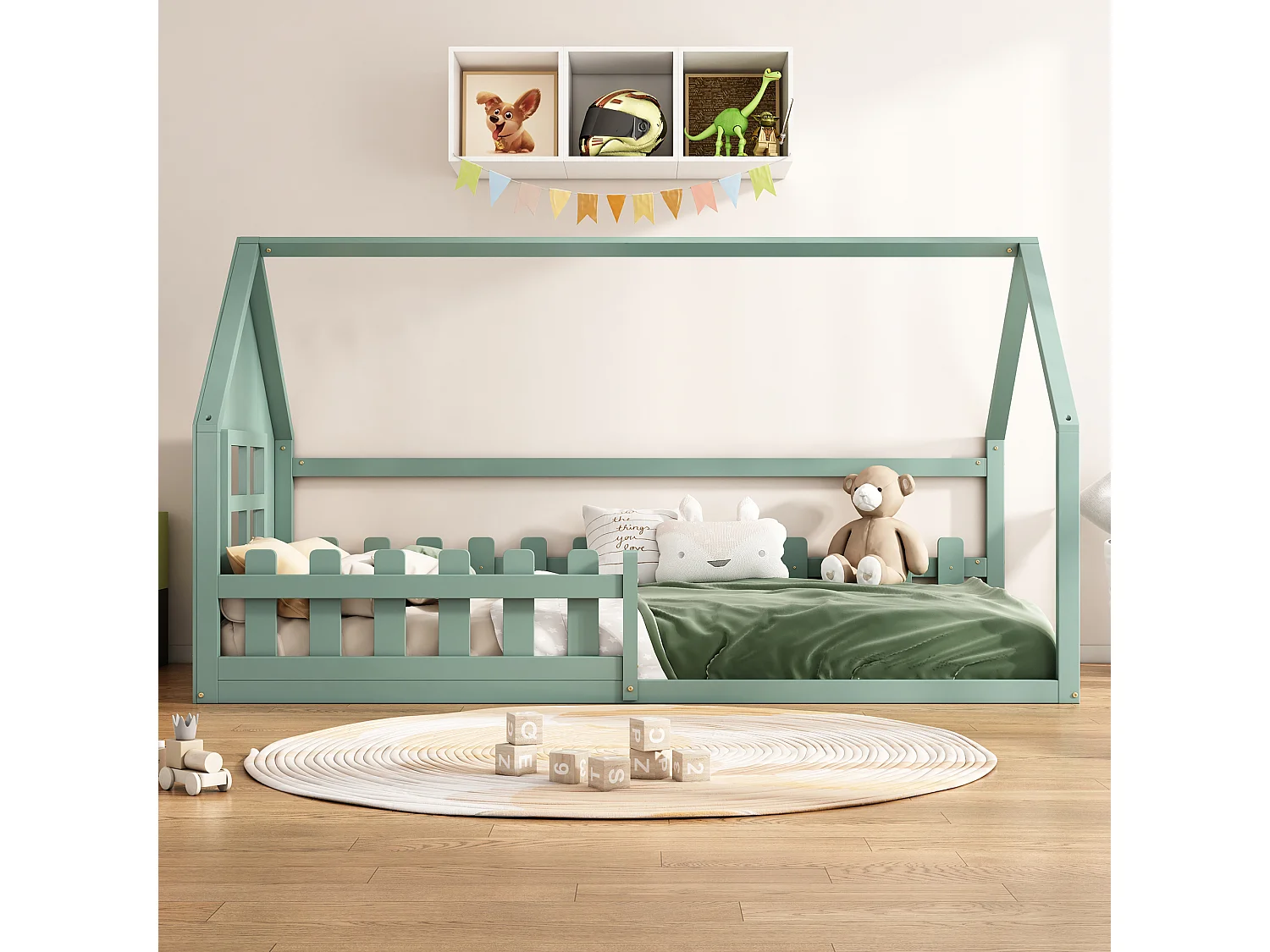 Hochbett 90x200 cm - Kinderbett mit Rausfallschutz und Lattenrost - kiefer und MDF - grün