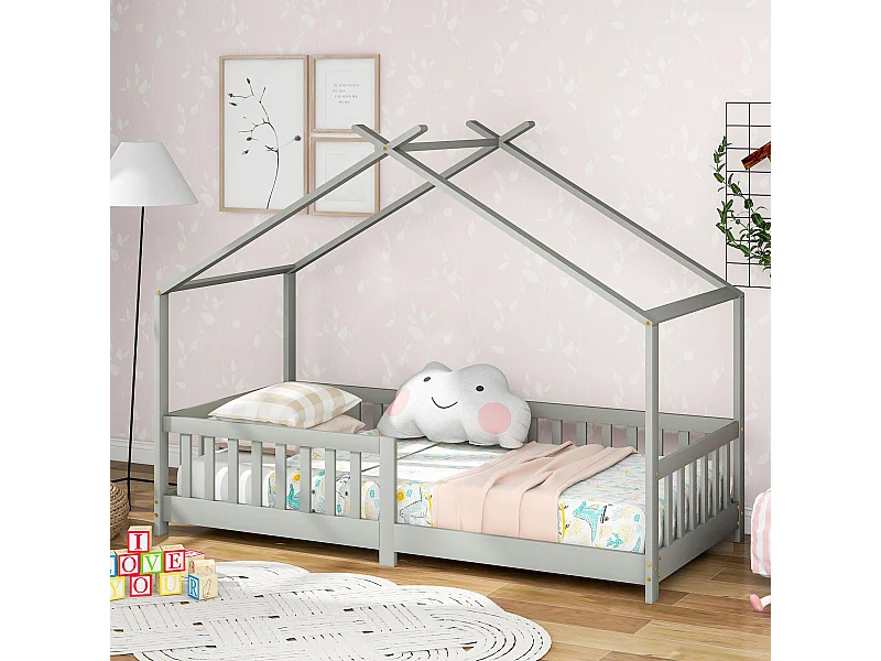 Cama infantil 90x200 cm - con barandillas y somier de madera - gris - sin colchón