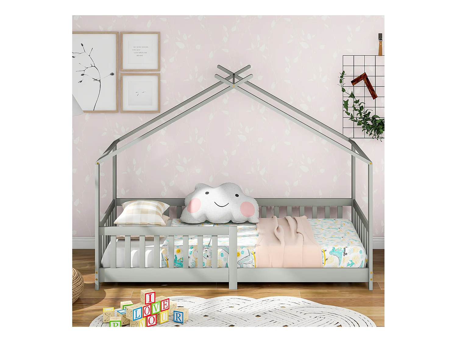 Cama infantil 90x200 cm - con barandillas y somier de madera - gris - sin colchón