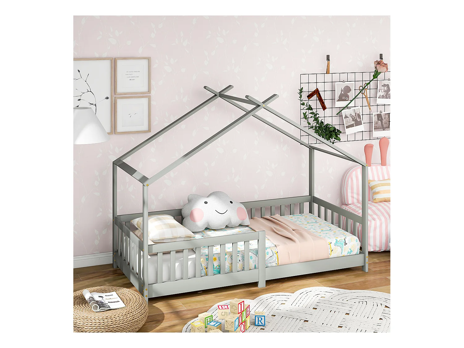 Cama infantil 90x200 cm - con barandillas y somier de madera - gris - sin colchón