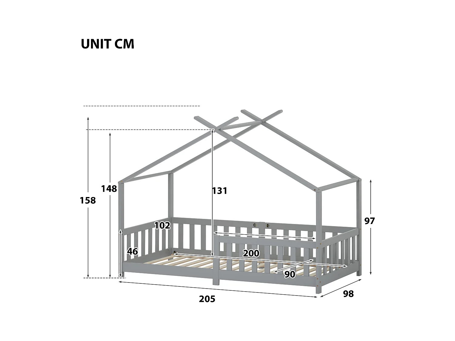 Cama infantil 90x200 cm - con barandillas y somier de madera - gris - sin colchón