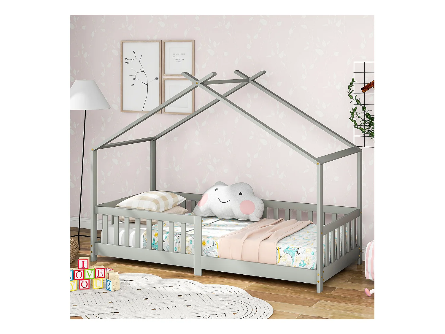 Cama infantil 90x200 cm - con barandillas y somier de madera - gris - sin colchón