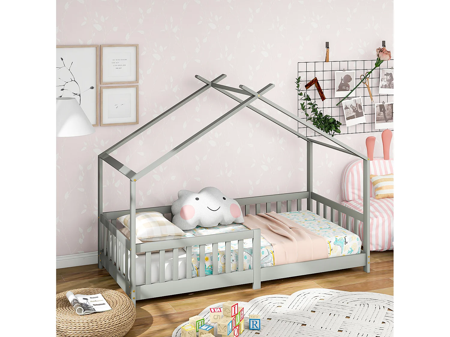 Cama infantil 90x200 cm - con barandillas y somier de madera - gris - sin colchón