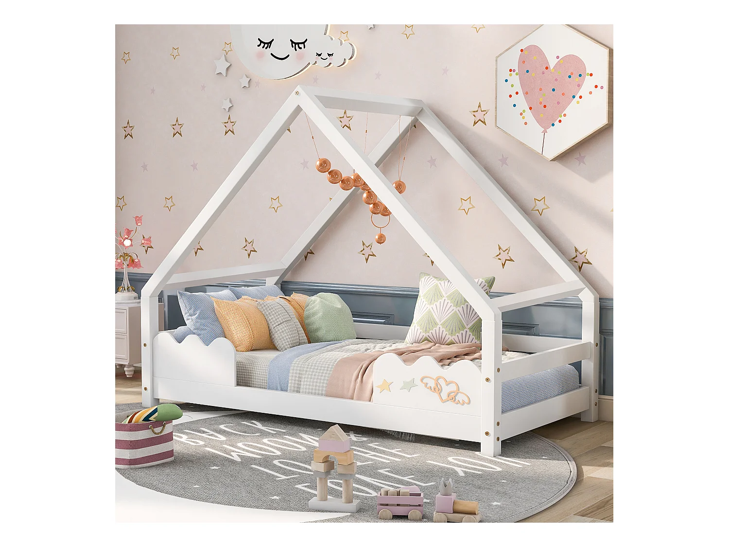Letto 90x200 cm - Letto per bambini con rete a doghe in legno e protezione anticaduta - Bianco