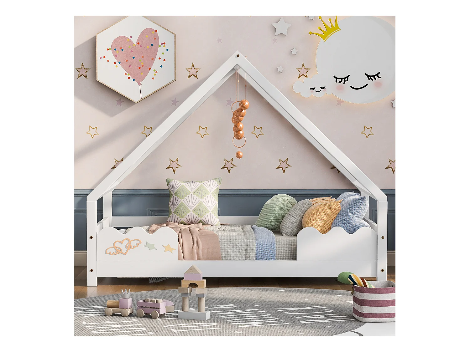 Letto 90x200 cm - Letto per bambini con rete a doghe in legno e protezione anticaduta - Bianco