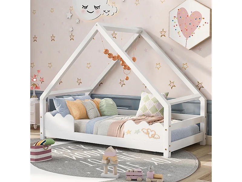 Letto 90x200 cm - Letto per bambini con rete a doghe in legno e protezione anticaduta - Bianco