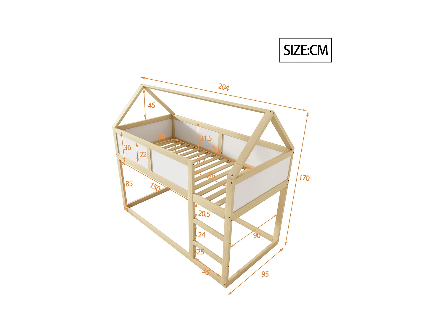 Lit superposé 90x200 cm - Lit enfant avec escalier et barrières de sécurité - structure en bois massif - couleur bois naturel