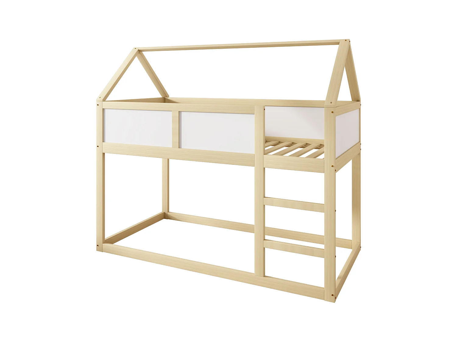Lit superposé 90x200 cm - Lit enfant avec escalier et barrières de sécurité - structure en bois massif - couleur bois naturel
