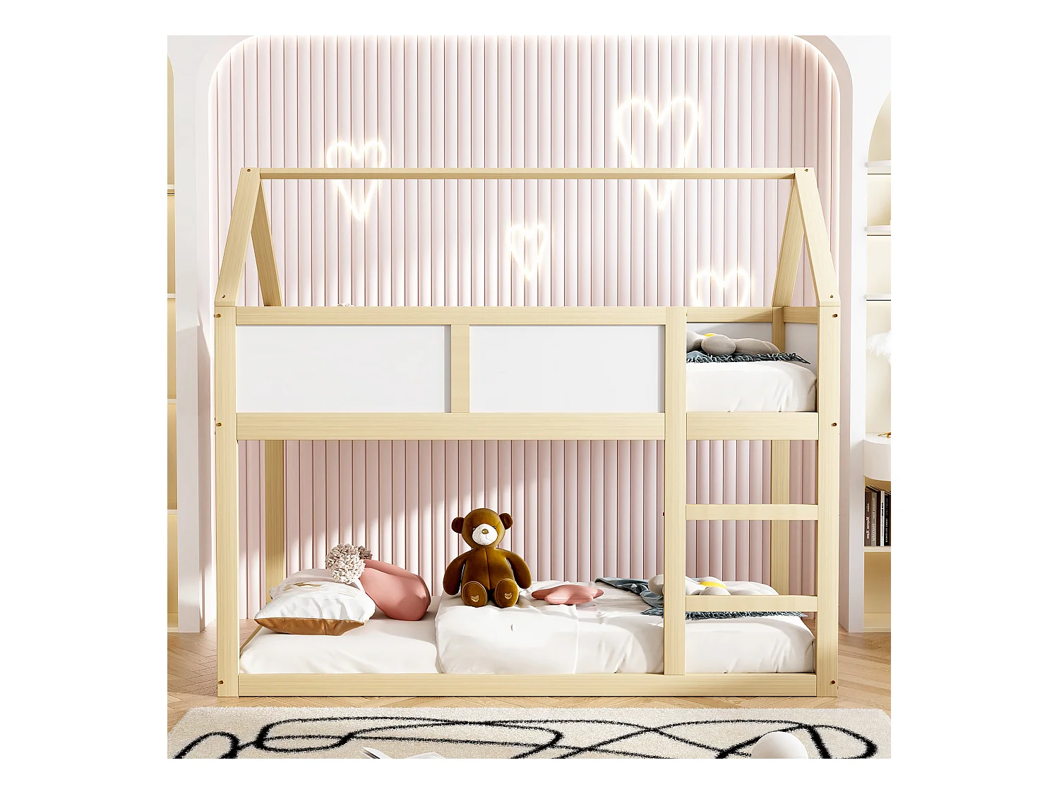 Lit superposé 90x200 cm - Lit enfant avec escalier et barrières de sécurité - structure en bois massif - couleur bois naturel