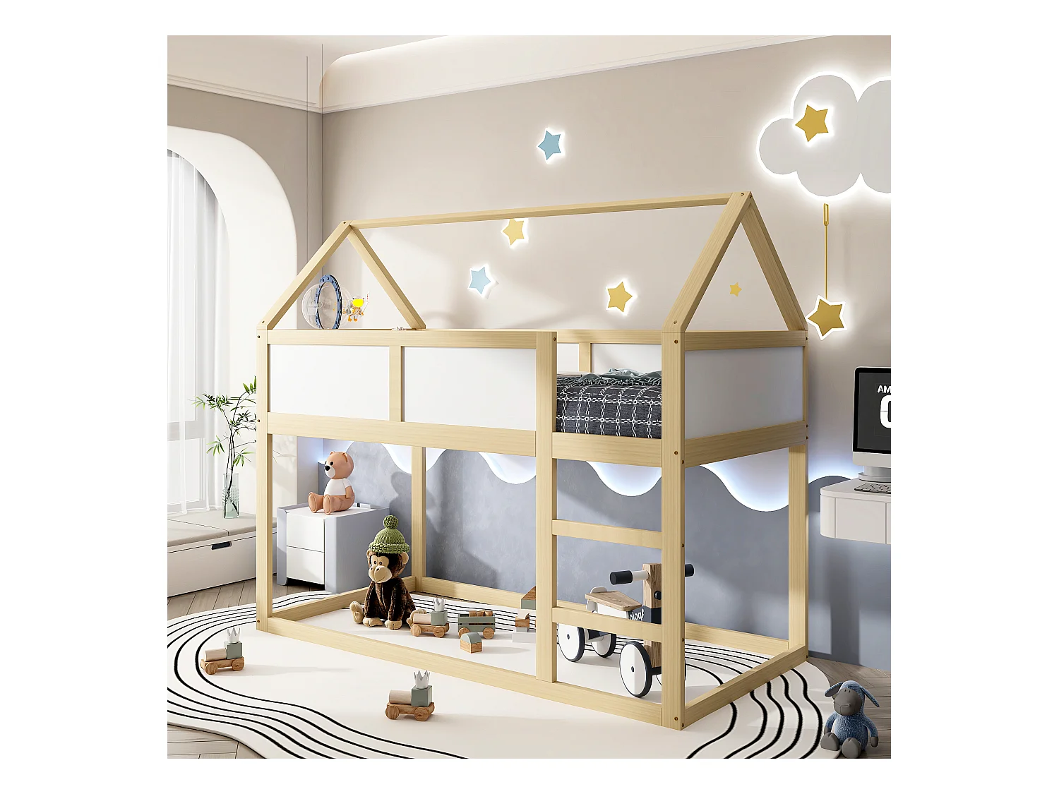 Lit superposé 90x200 cm - Lit enfant avec escalier et barrières de sécurité - structure en bois massif - couleur bois naturel