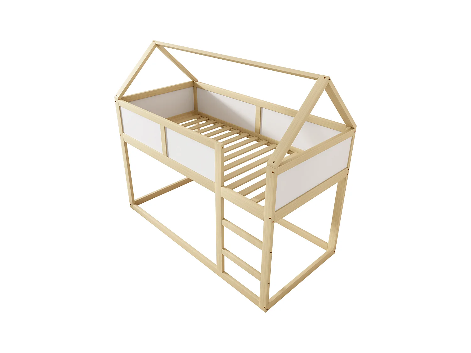 Lit superposé 90x200 cm - Lit enfant avec escalier et barrières de sécurité - structure en bois massif - couleur bois naturel