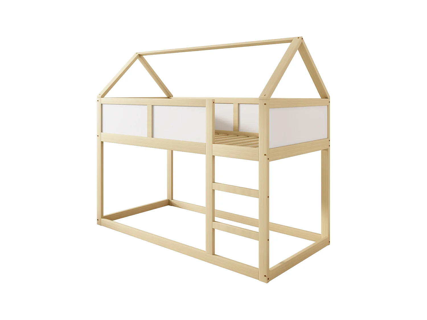 Lit superposé 90x200 cm - Lit enfant avec escalier et barrières de sécurité - structure en bois massif - couleur bois naturel
