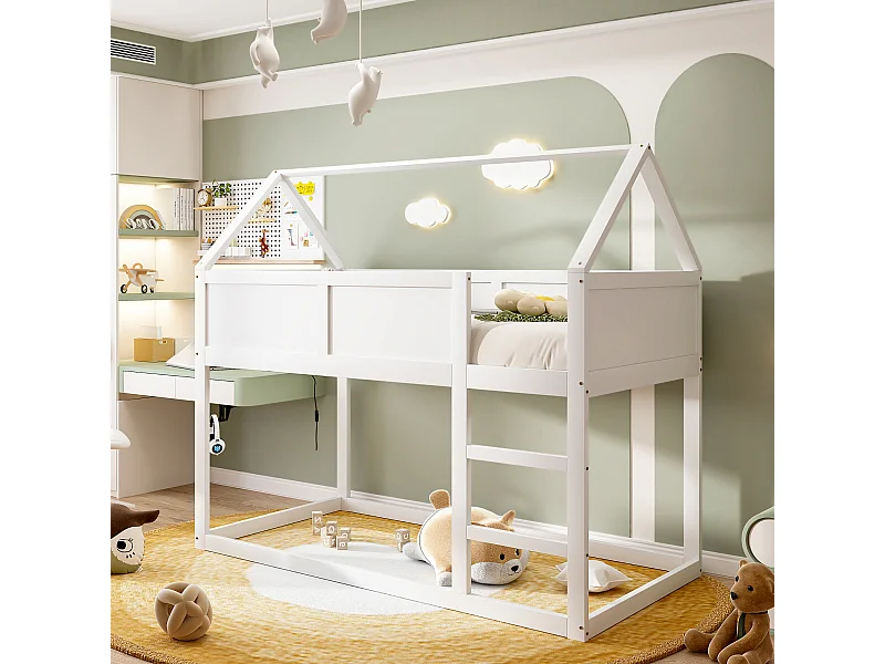 Letto a castello 90x200 cm - Letto per bambini con scaletta e barriera di sicurezza - struttura in legno massello - bianco