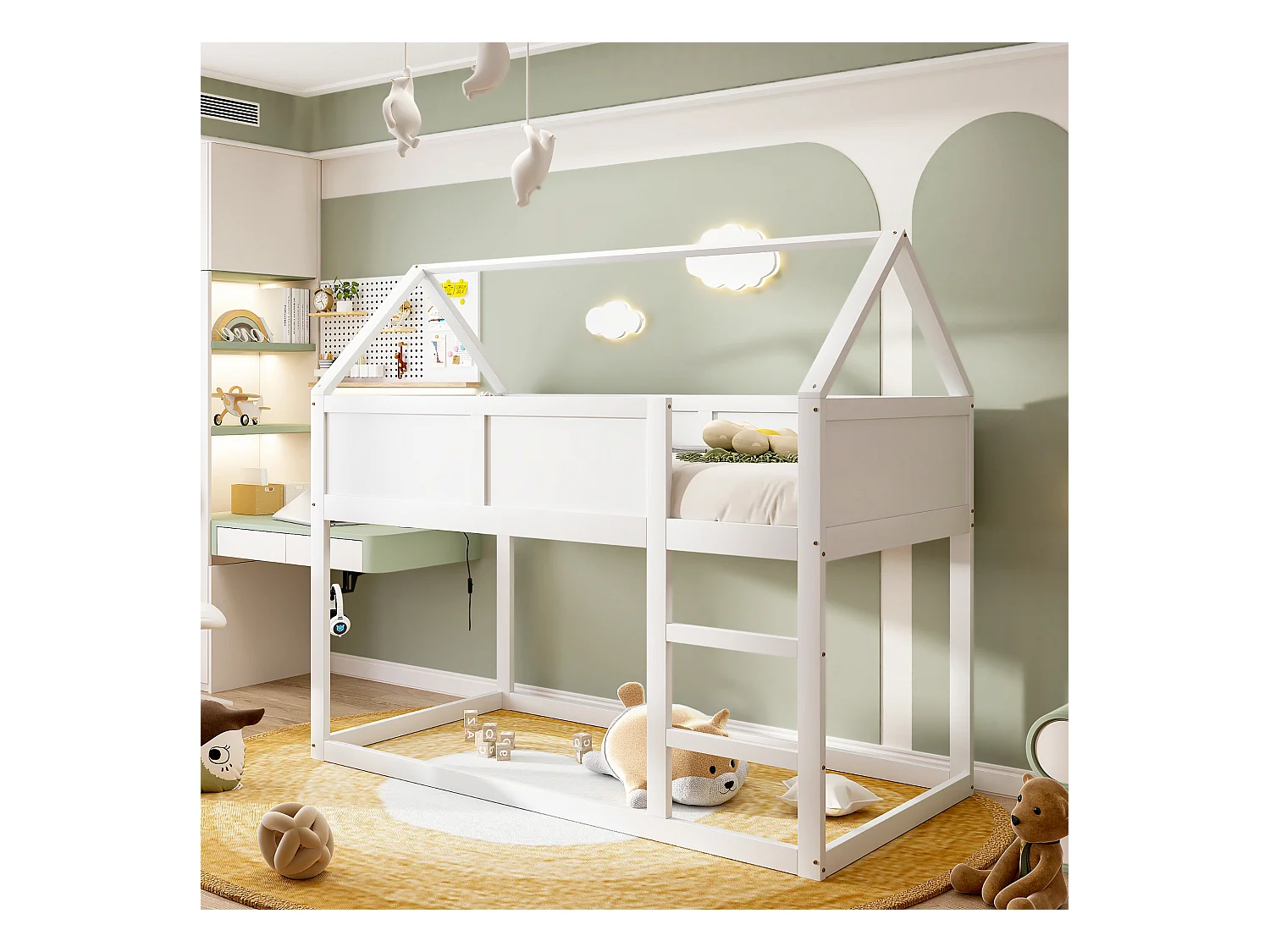 Lit superposé 90x200 cm - Lit enfant avec escalier et barrière de sécurité - structure en bois massif - blanc