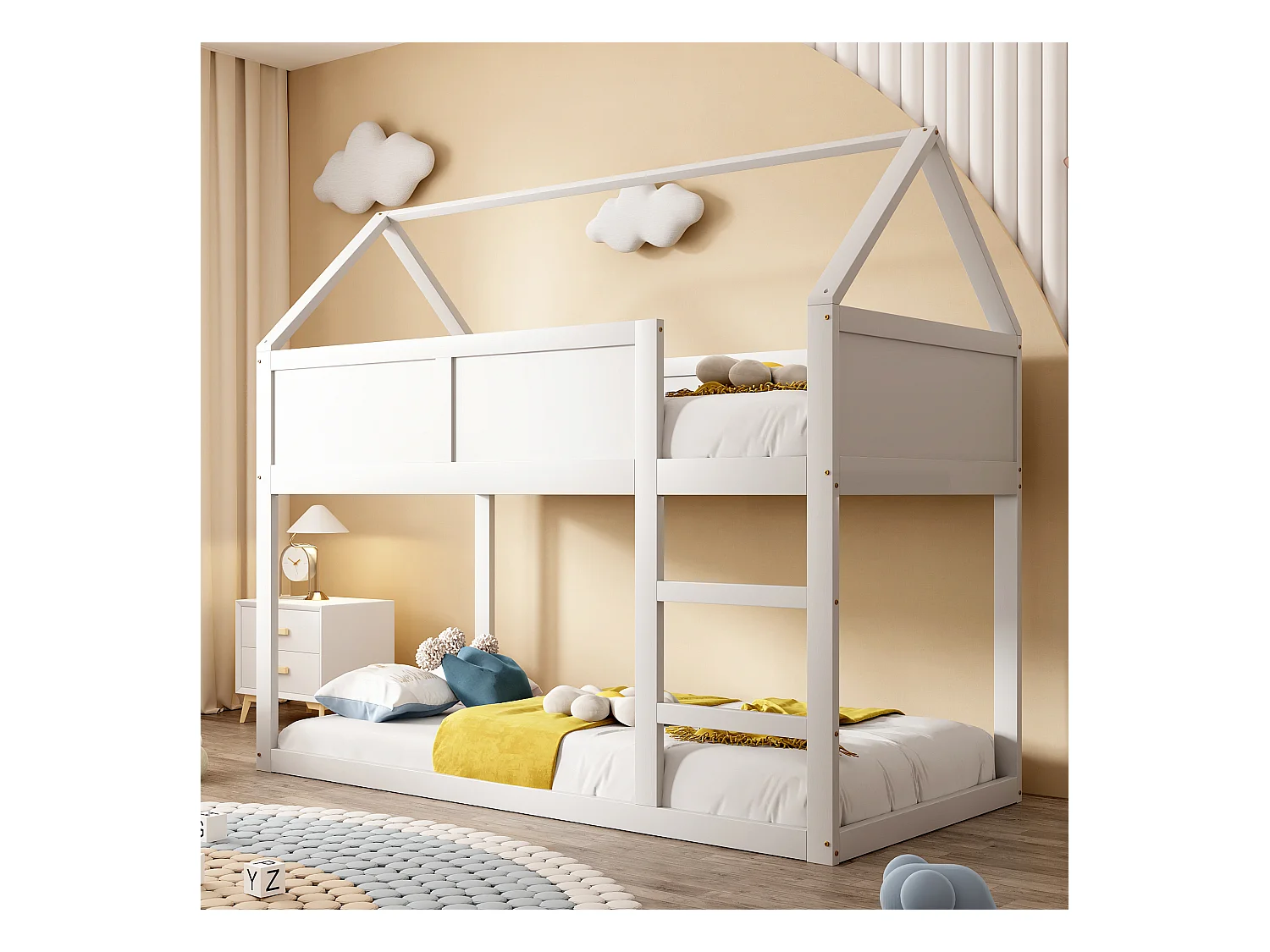 Lit superposé 90x200 cm - Lit enfant avec escalier et barrière de sécurité - structure en bois massif - blanc