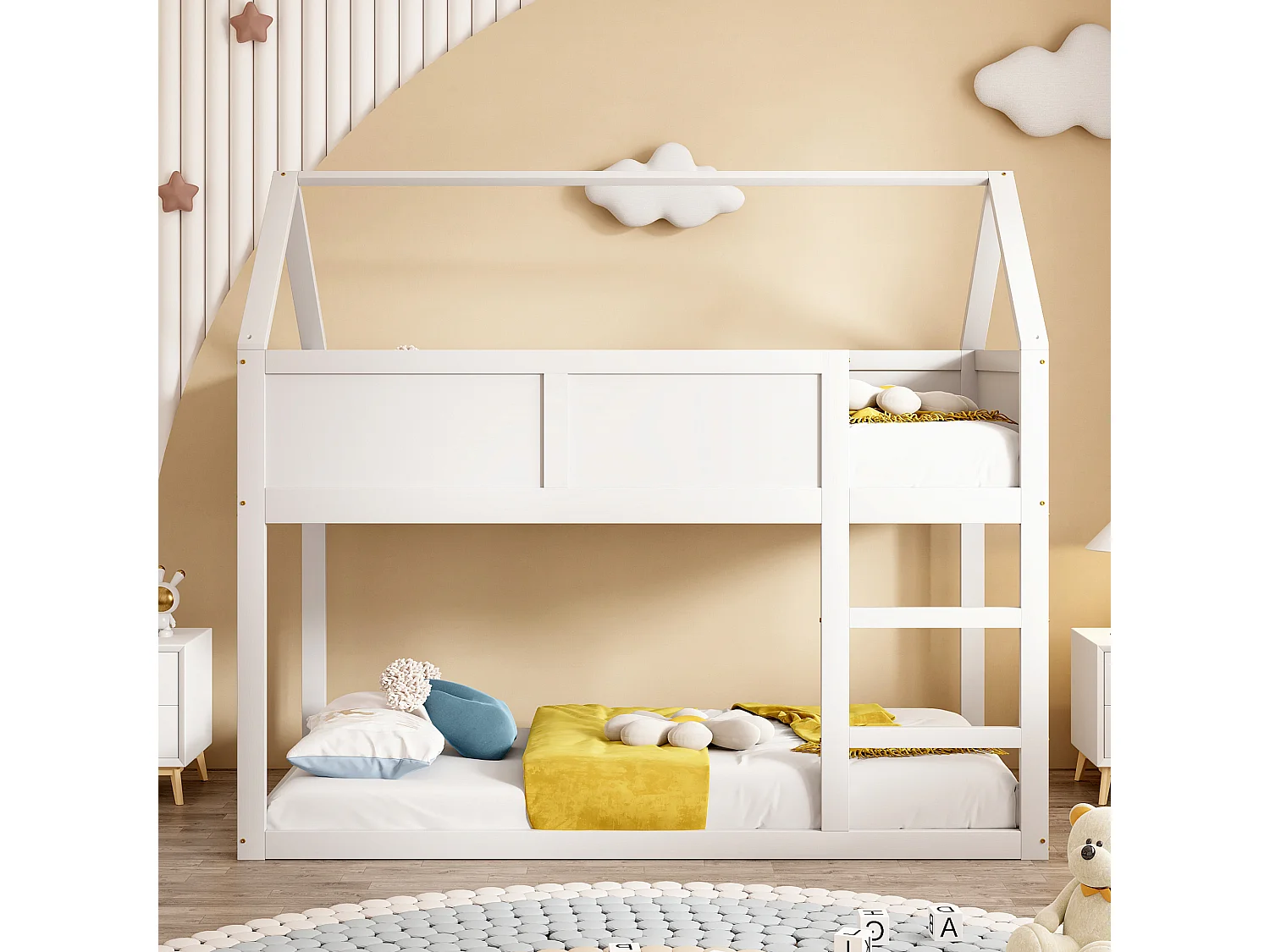 Etagenbett 90x200 cm - Kinderbett mit Treppe und Absturzsicherung - massivholzkonstruktion - weiß