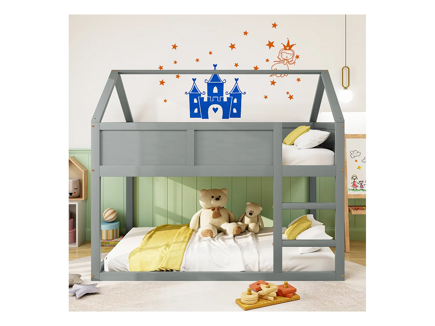 Lit superposé 90x200 cm - Lit enfant avec escalier et barrière de sécurité - bois  - gris