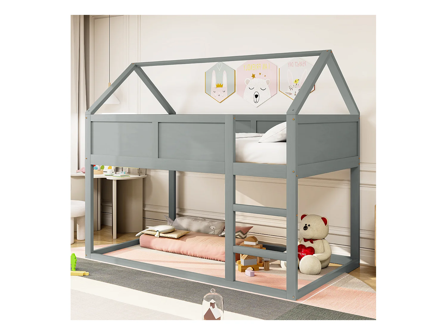 Letto a castello 90x200 cm - Letto per bambini con scaletta e barriera di sicurezza - struttura in legno massello - grigio