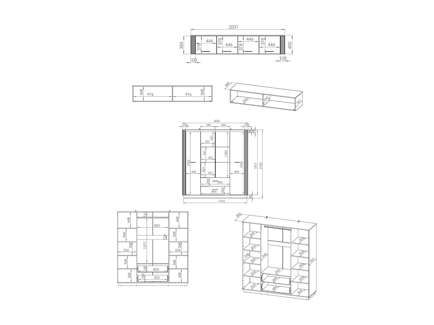 KLEIDERSCHRANK Urso Gold Craft Eiche / Schwarz 200 / 58 / 250 cm