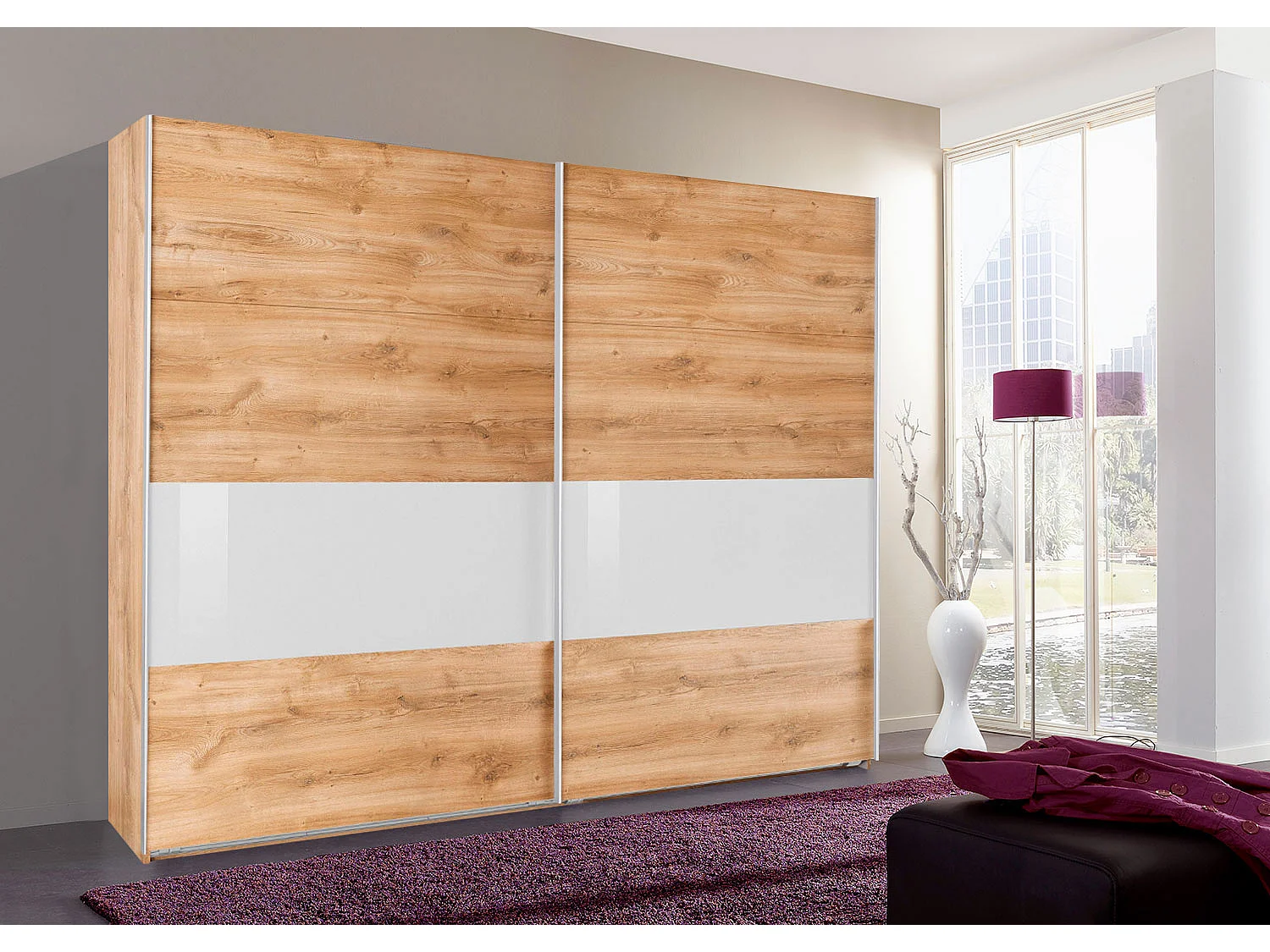 SCHWEBETÜRENSCHRANK Bramfeld Plankeneiche / Weißglas 270 / 64 / 236cm