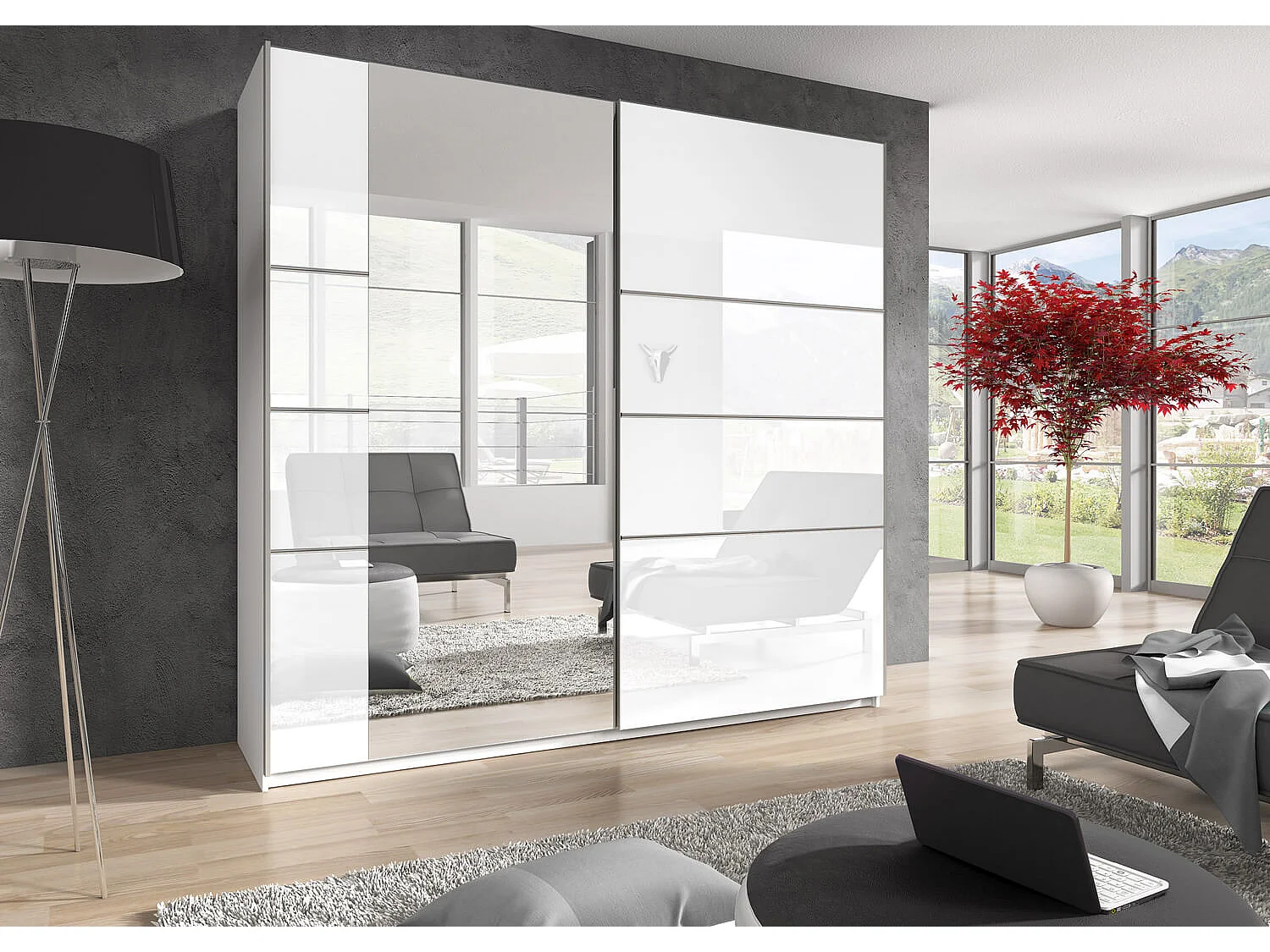 SCHWEBETÜRENSCHRANK Beta weiß / weiß Hochglanz 200 / 61 / 210cm