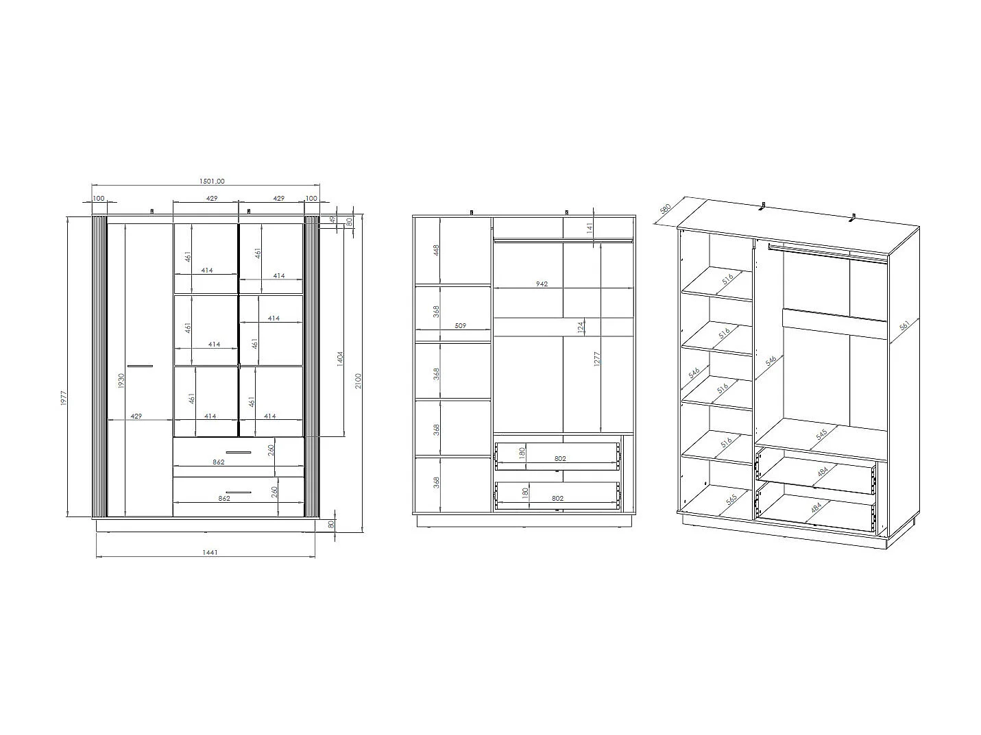 KLEIDERSCHRANK Urso Gold Craft Eiche / Schwarz 150 / 58 / 210 cm