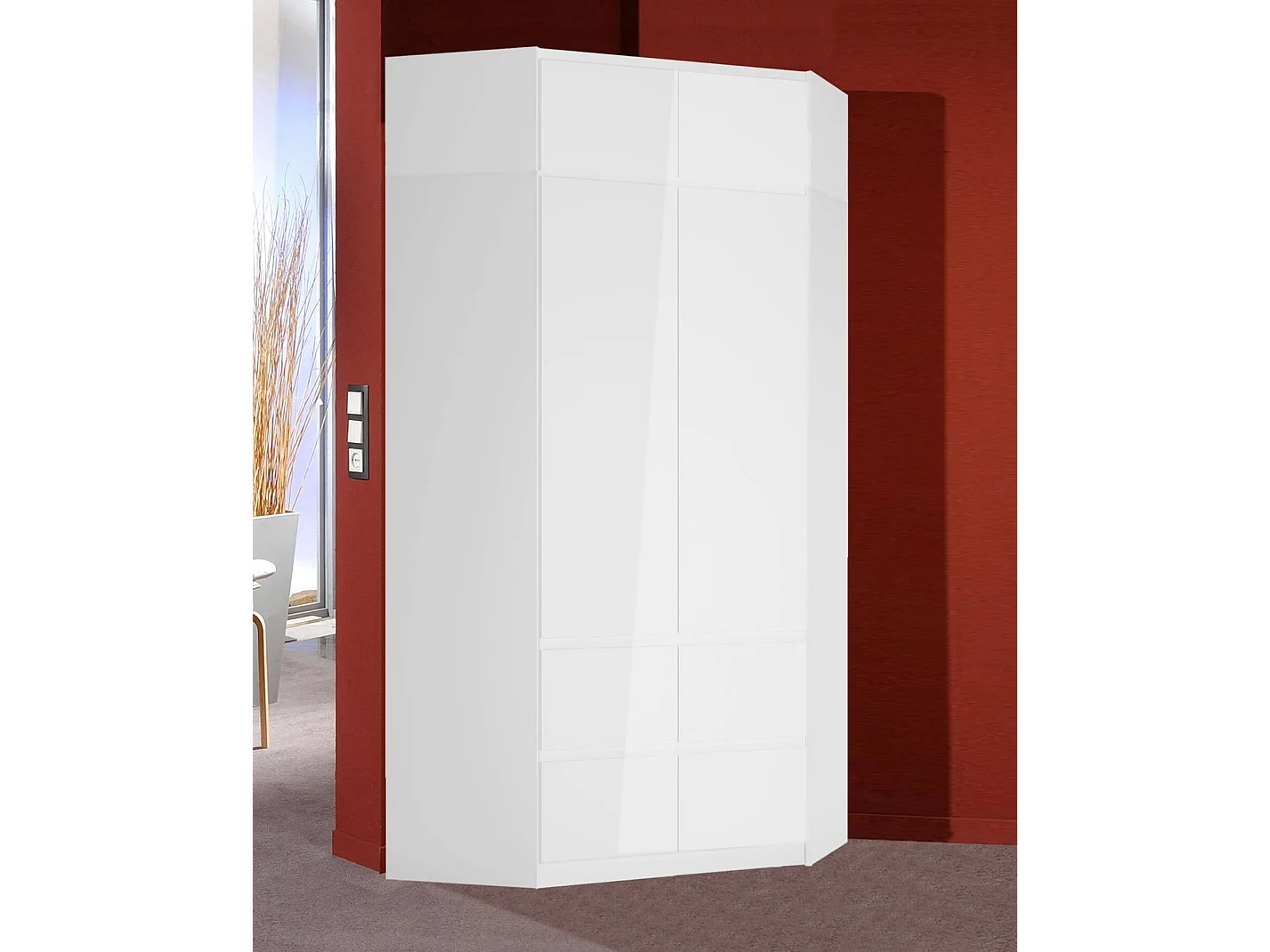 ECK-KLEIDERSCHRANK MIT AUFSATZ Boston Boss weiß matt / weiß Hochglanz 121 / 121 / 249,8cm