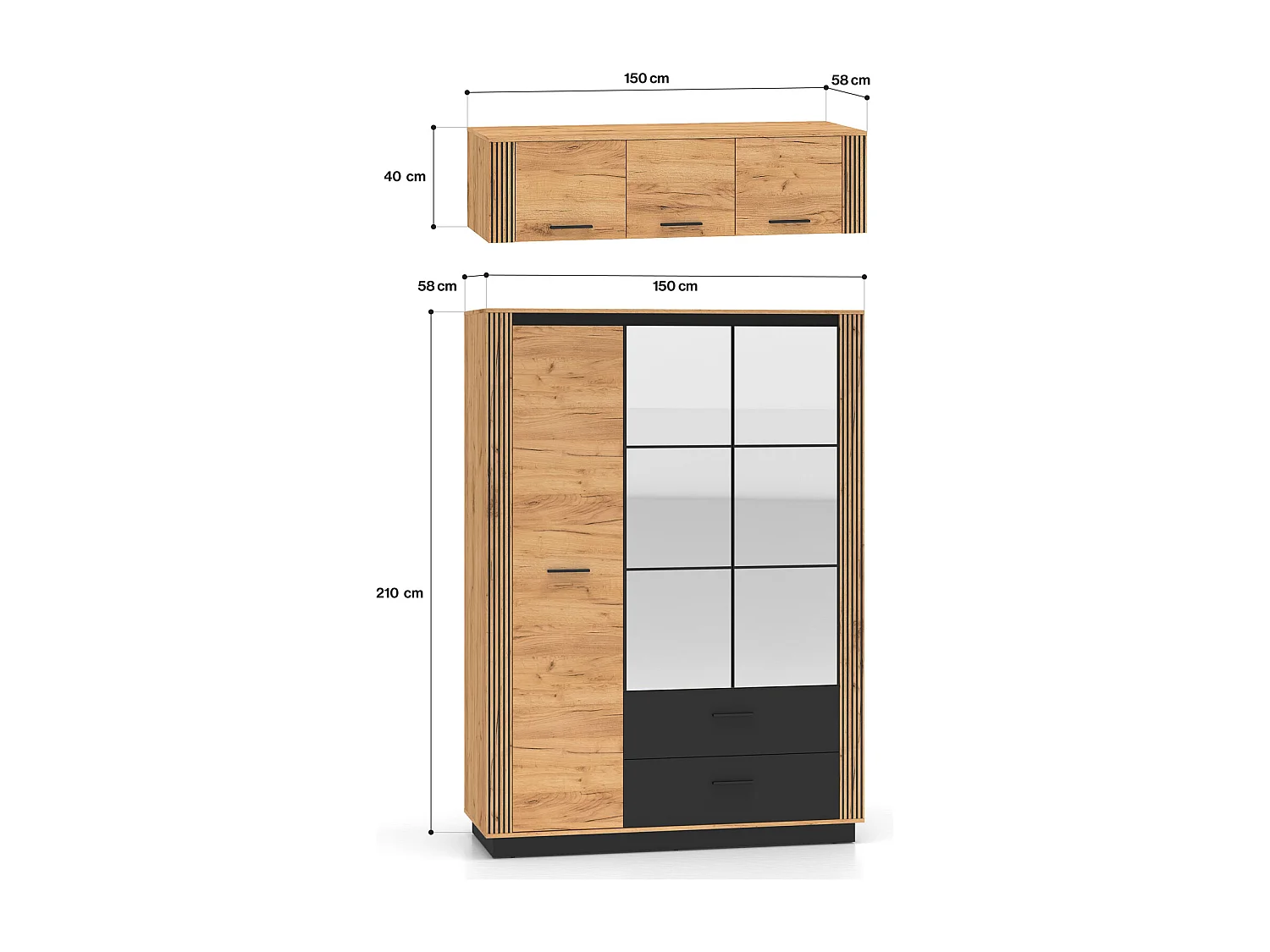 KLEIDERSCHRANK Urso Gold Craft Eiche / Schwarz 150 / 58 / 250 cm