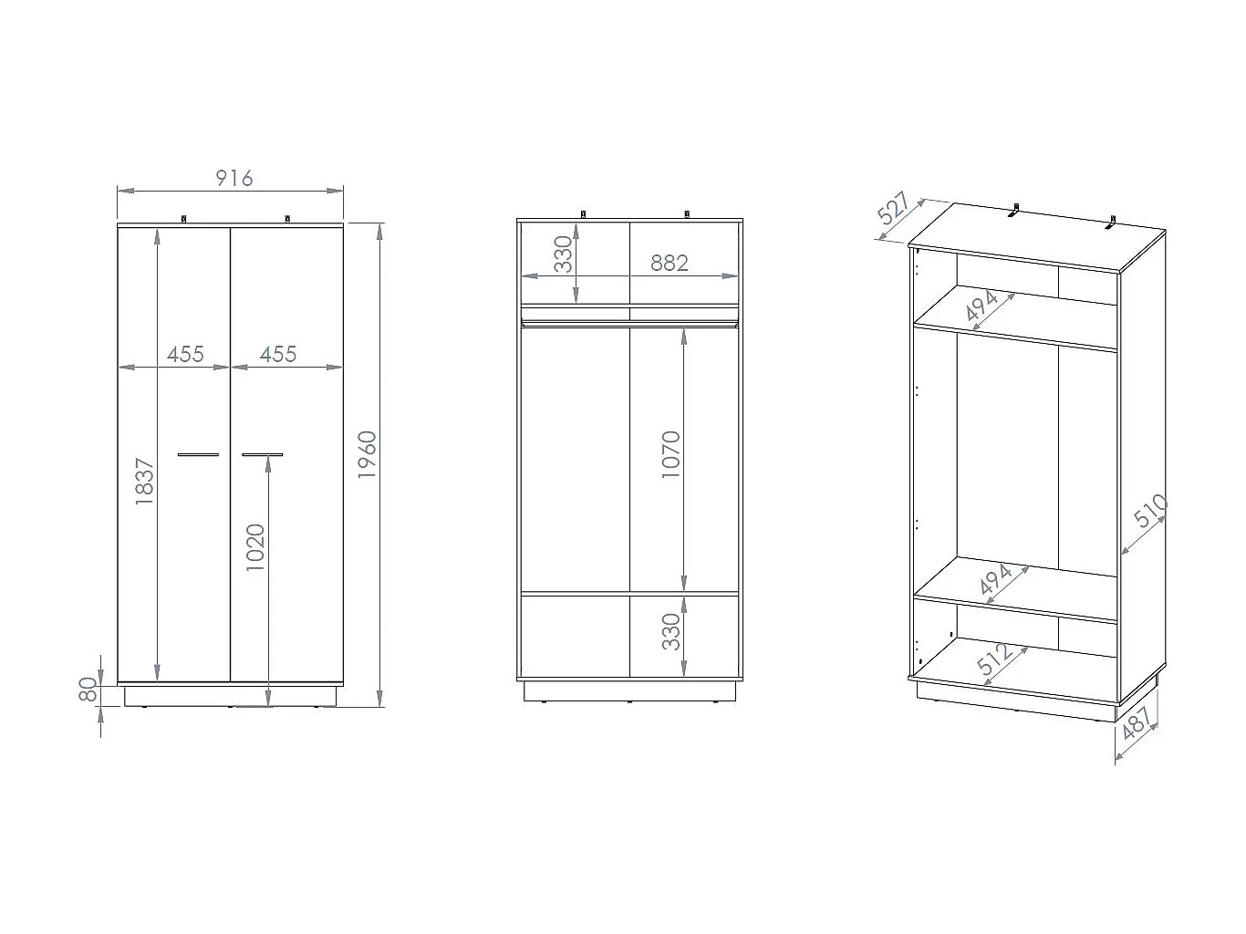 KLEIDERSCHRANK Modesto Eiche Style hell / Schwarz 92 / 55 / 196 cm