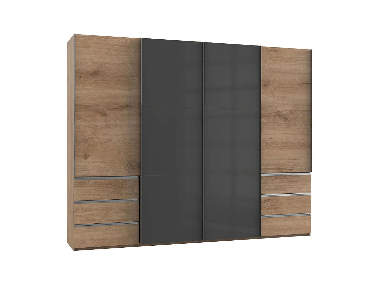 SCHWEBETÜRENSCHRANK Level Plankeneiche / Grauglas 300 / 65 / 236cm