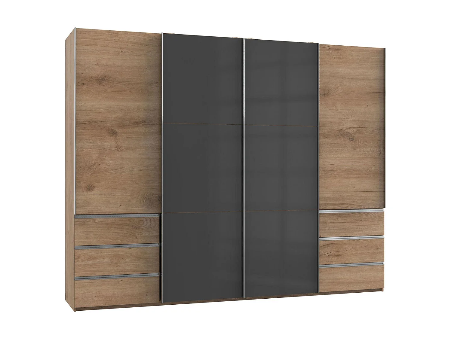 SCHWEBETÜRENSCHRANK Level Plankeneiche / Grauglas 300 / 65 / 236cm