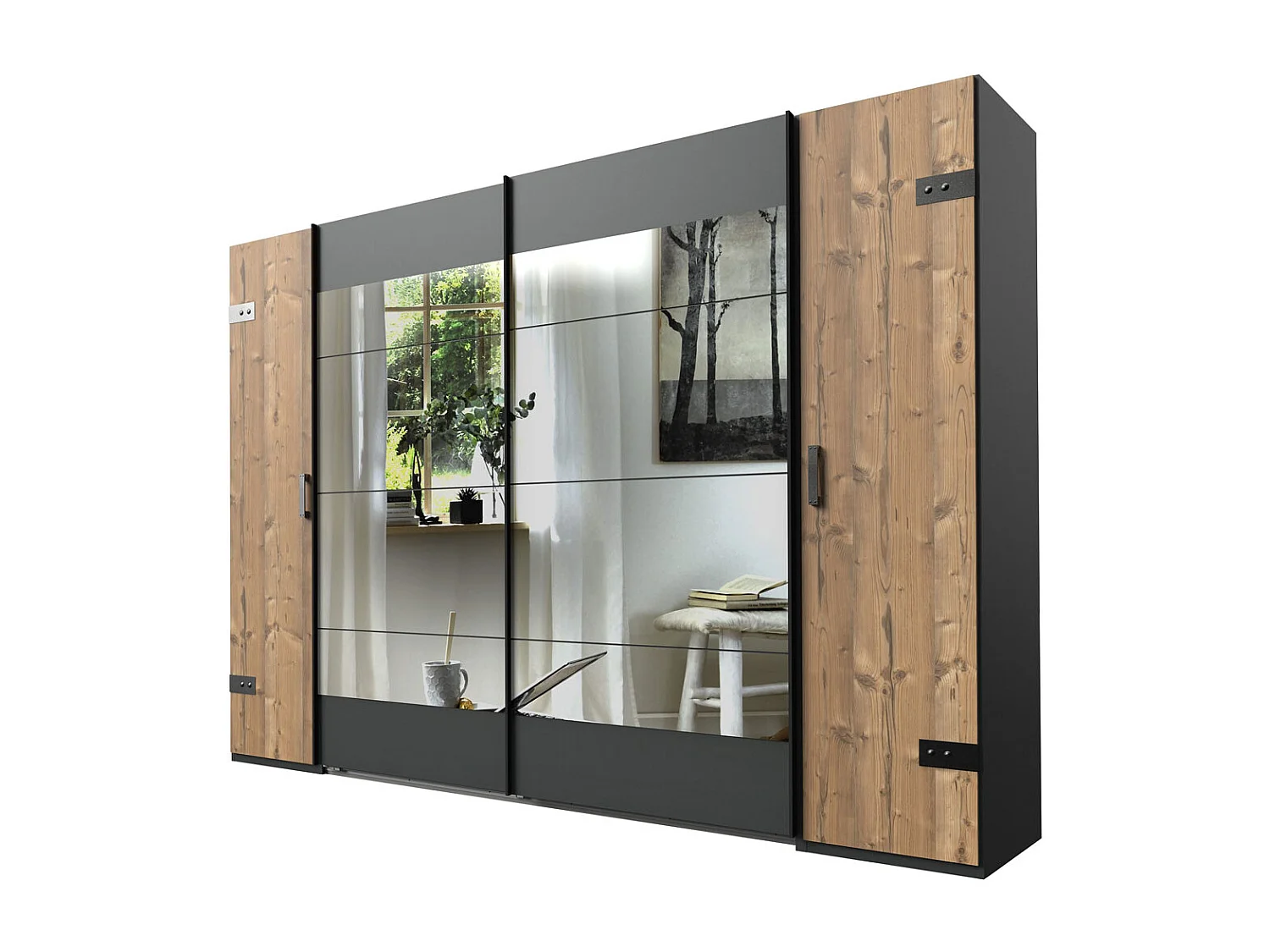 DREH- / SCHWEBETÜRENSCHRANK Stockholm graphit / Edeltanne 225 / 65 / 210cm