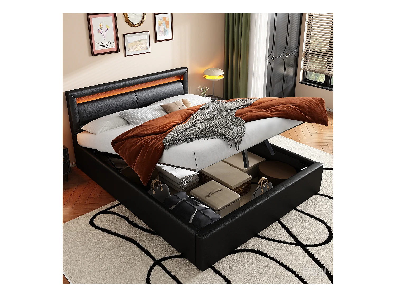 Lit coffre 140x200 cm - Lit adulte avec tête de lit et sommier à lattes - éclairage LED - PU noir