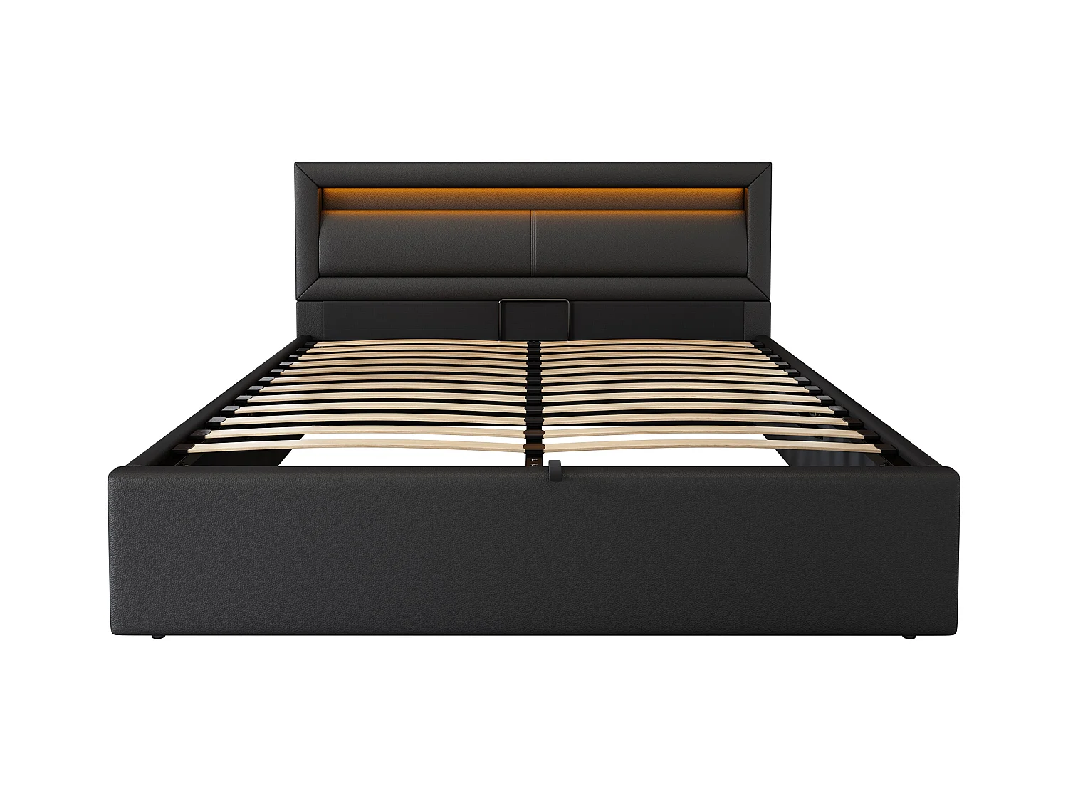 Lit coffre 140x200 cm - Lit adulte avec tête de lit et sommier à lattes - éclairage LED - PU noir
