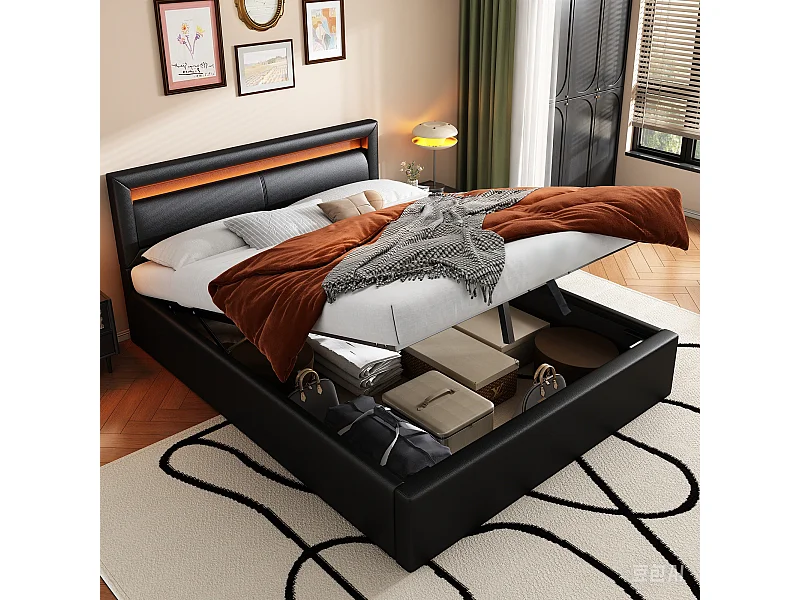 Lit coffre 140x200 cm - Lit adulte avec tête de lit et sommier à lattes - éclairage LED - PU noir