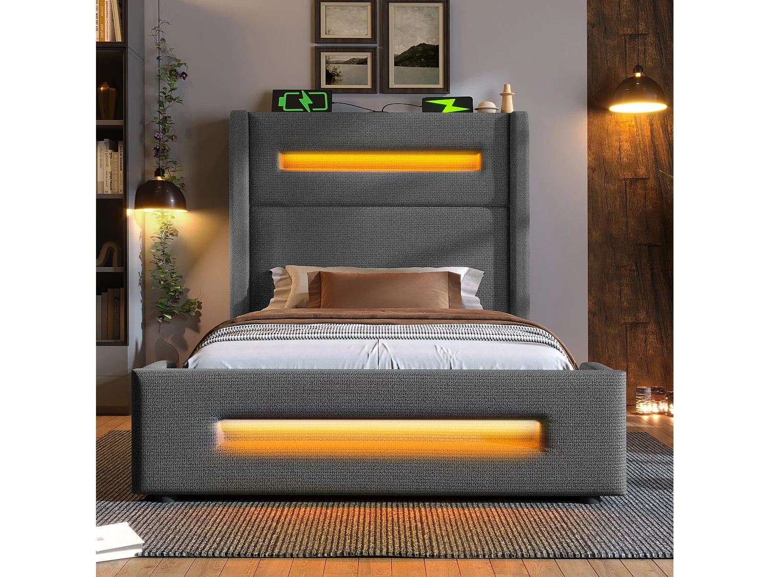 Łóżko 90x200 cm z pojemnikiem – łóżko dziecięce z ładowaniem USB i oświetleniem LED – szary len – bez materaca