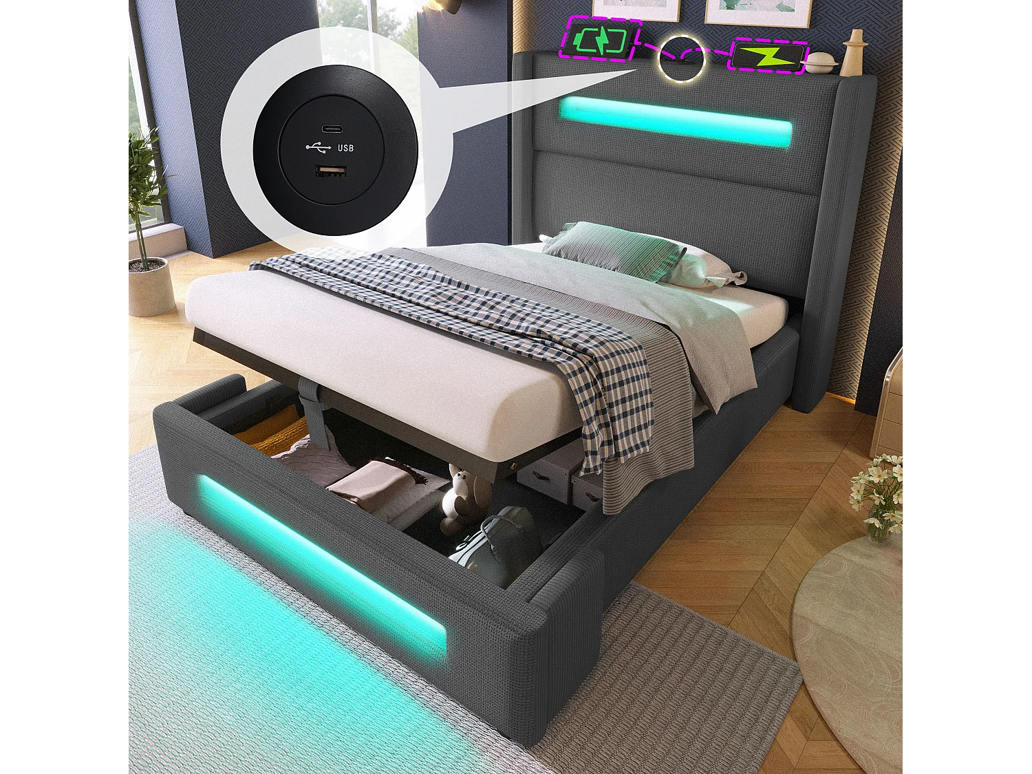 Łóżko 90x200 cm z pojemnikiem – łóżko dziecięce z ładowaniem USB i oświetleniem LED – szary len – bez materaca
