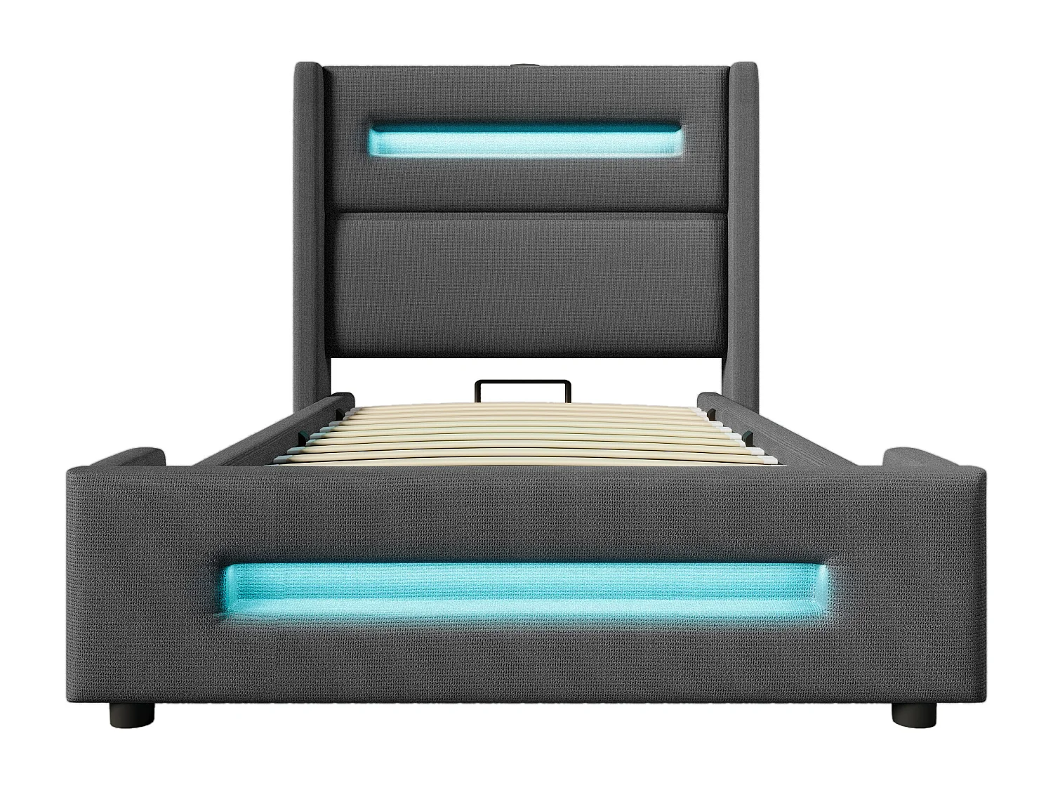 Łóżko 90x200 cm z pojemnikiem – łóżko dziecięce z ładowaniem USB i oświetleniem LED – szary len – bez materaca