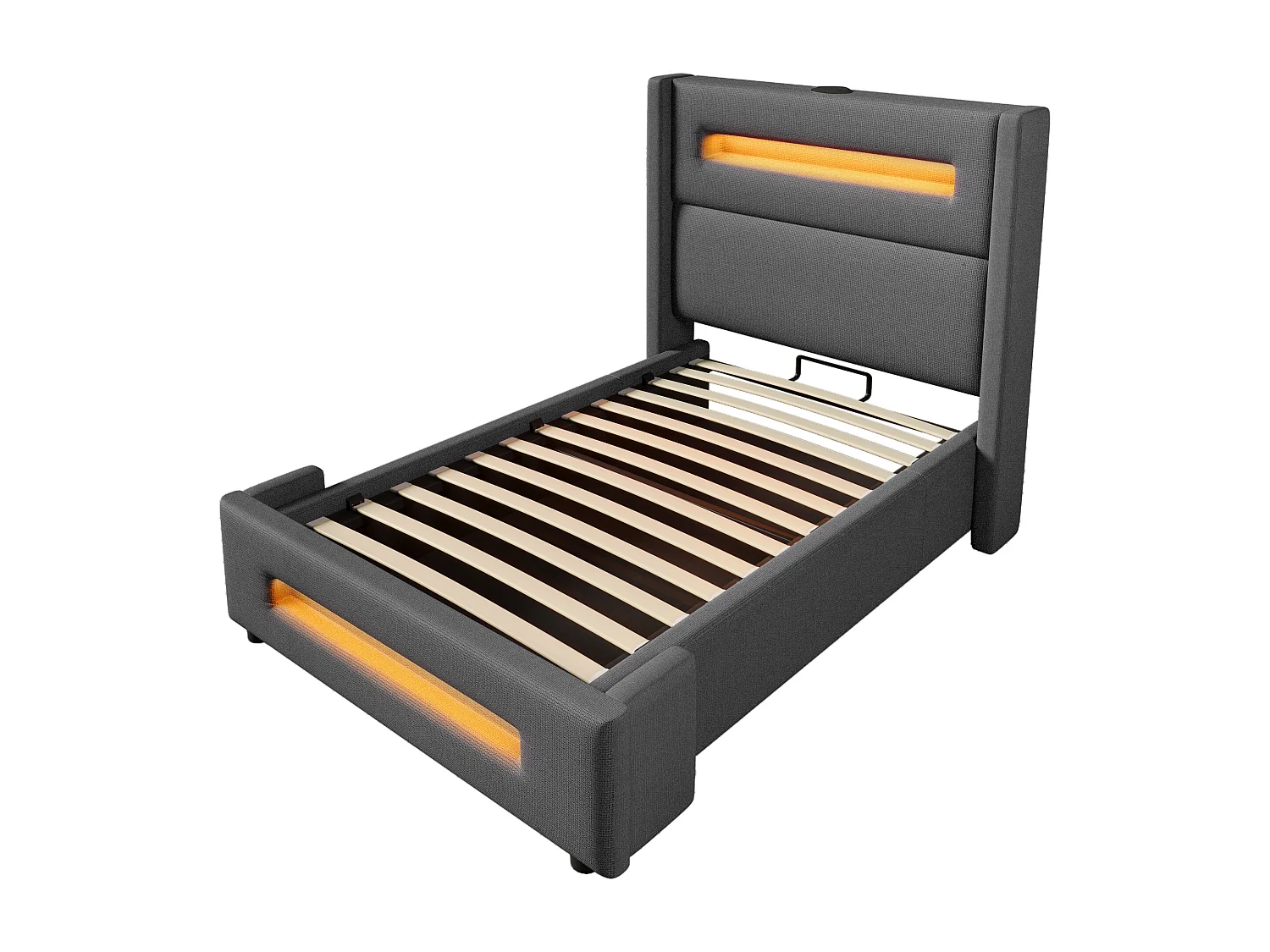 Łóżko 90x200 cm z pojemnikiem – łóżko dziecięce z ładowaniem USB i oświetleniem LED – szary len – bez materaca
