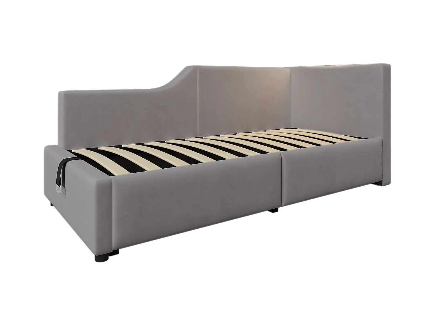 Lit coffre 90x190 cm - Lit enfant  avec liseuse et recharge USB - velours gris - sans matelas