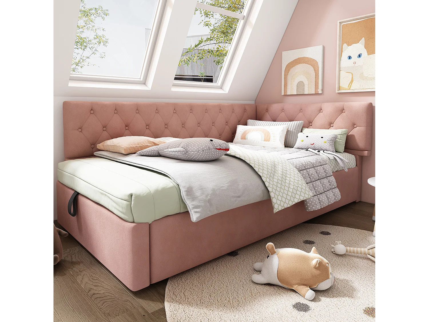 Lit coffre 90x200 cm - Lit enfant avec dossier et sommier à lattes en bois - velours rose - sans matelas